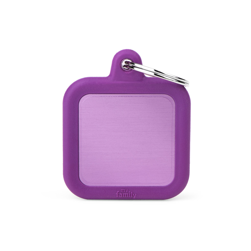 Plaquita hushtag de aluminio con goma cuadrada morado  