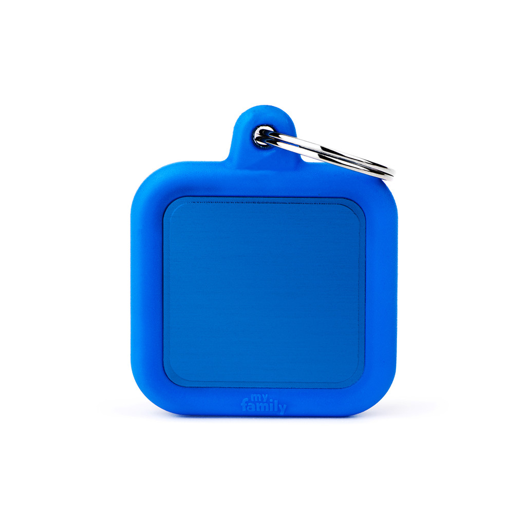 Plaquita hushtag de aluminio con goma cuadrada azul  