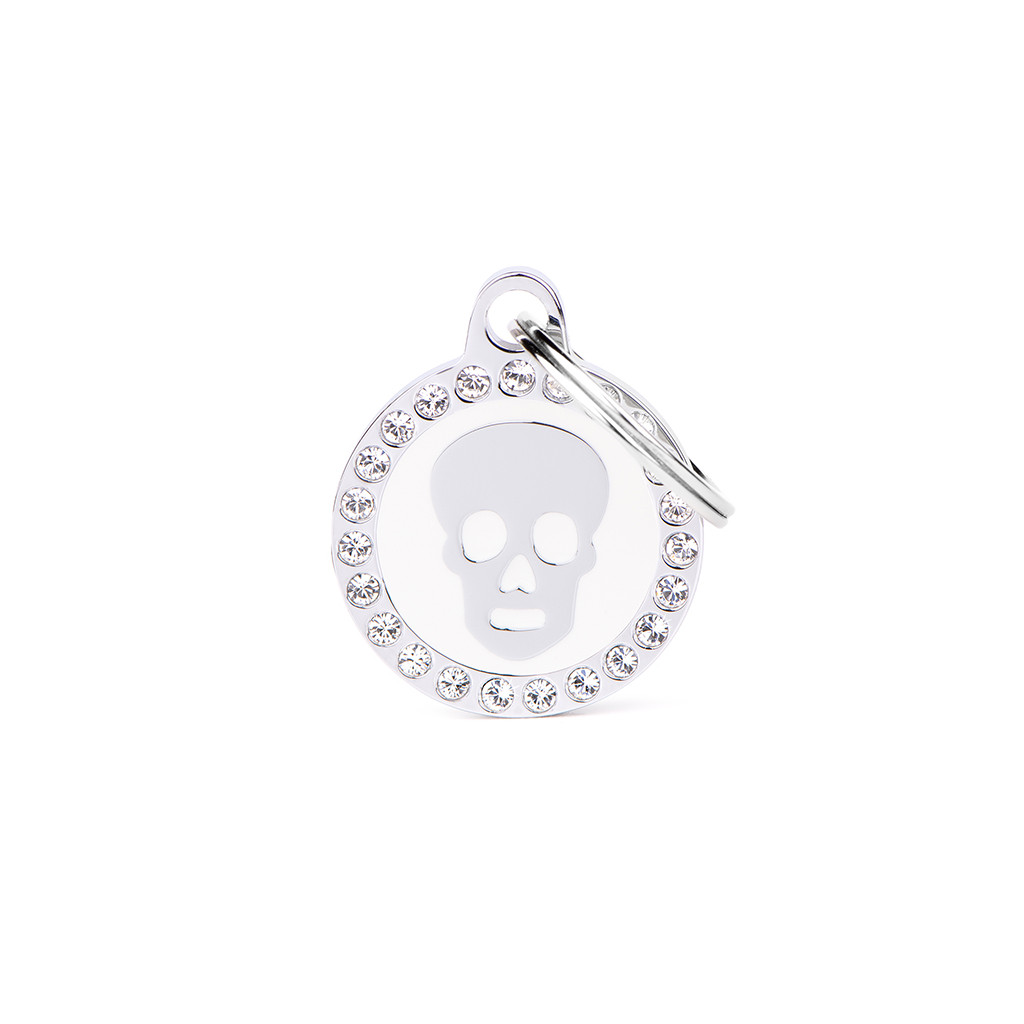 Plaquita glam con swarovsky círculo c/calavera blanco  