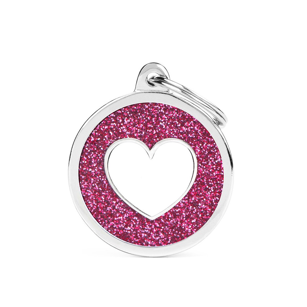 Plaquita shine círculo grande con corazón rosa con blanco  