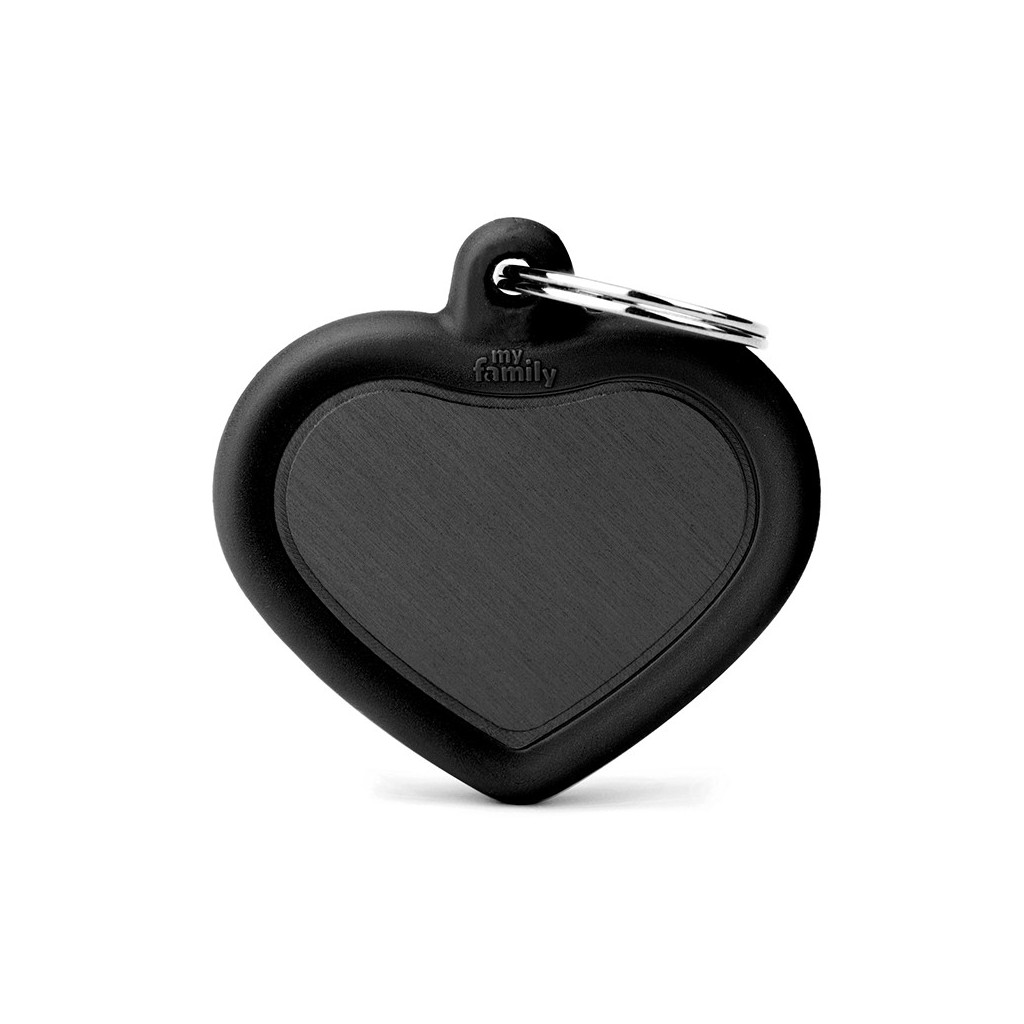 Plaquita hushtag de aluminio con goma en forma de corazón negro