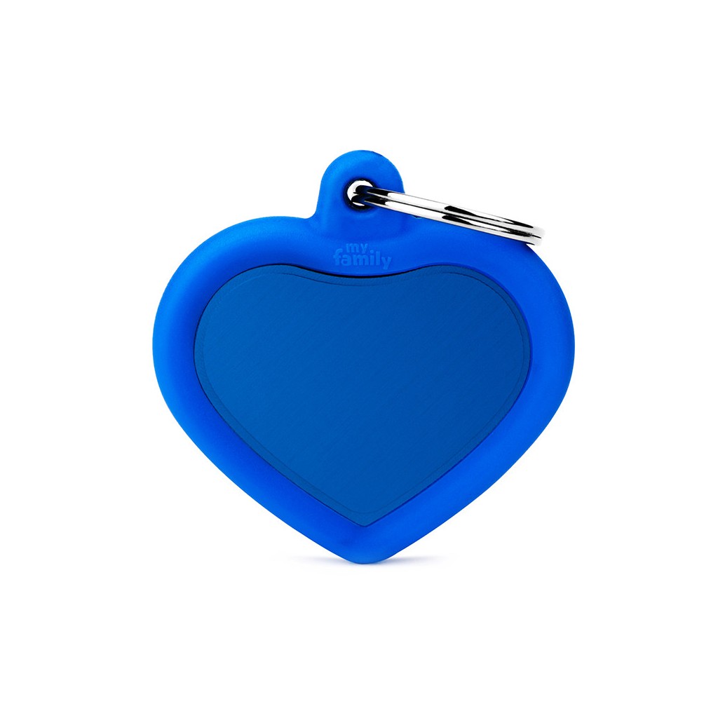 Plaquita hushtag de aluminio con goma en forma de corazón azul