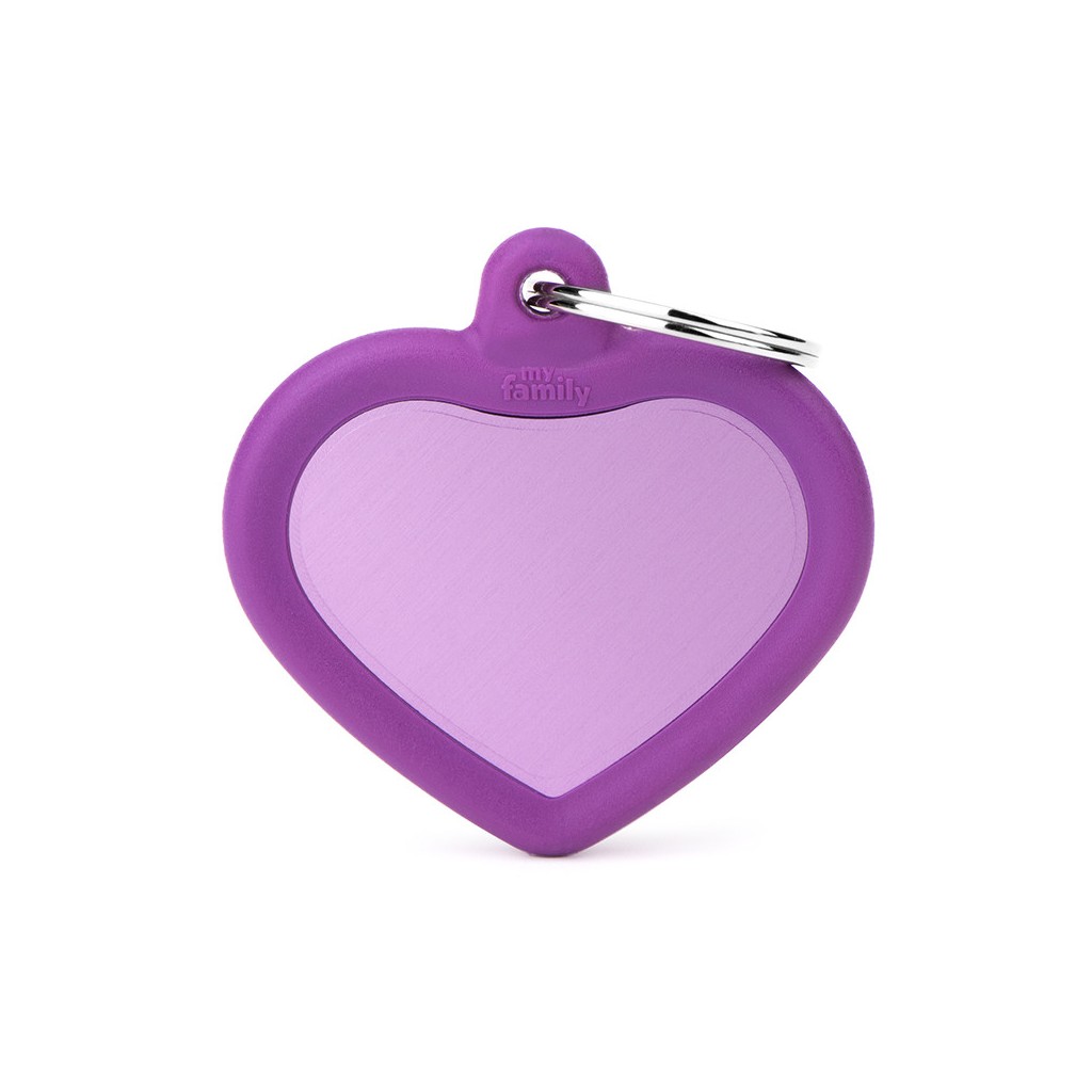 Plaquita hushtag de aluminio con goma en forma de corazón morado   