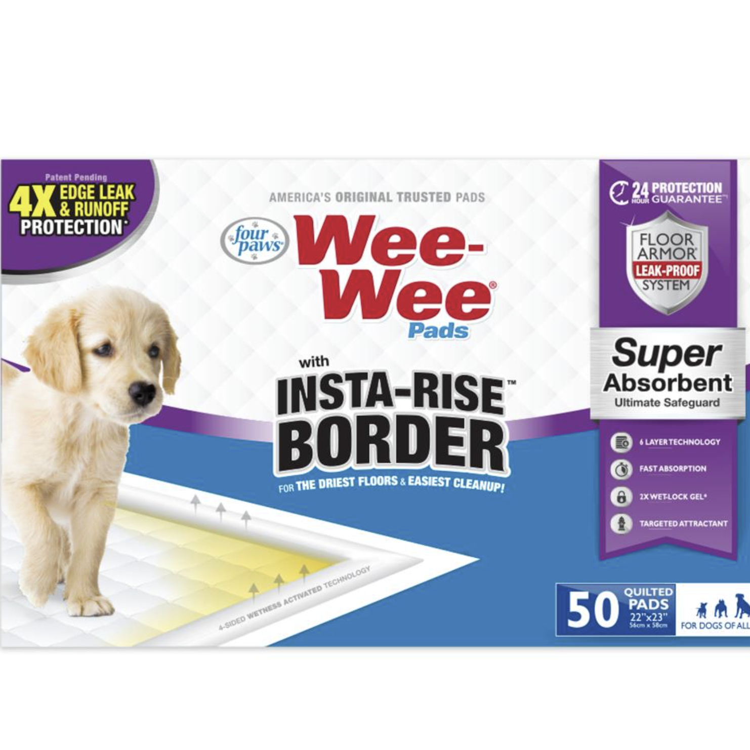 Tapete entrenador Wee-Wee Pads Insta-Rise Border Pads 55.88 cm x 58.42 cm 6 CAPAS 50 pads Pza